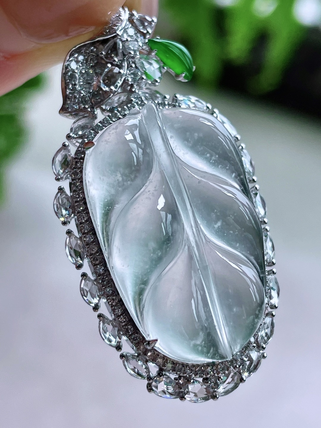 高冰雪花棉叶子树叶吊坠,18k金镶嵌,无裂,冰透起荧光