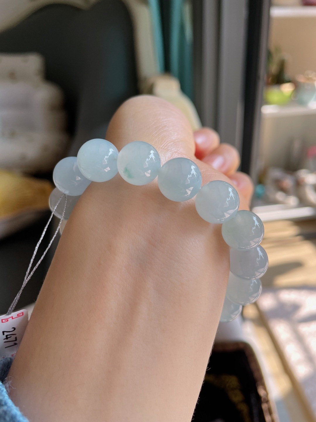 ️，缅甸天然翡翠A货，冰飘花手串，尺寸：12.2mm。-2471