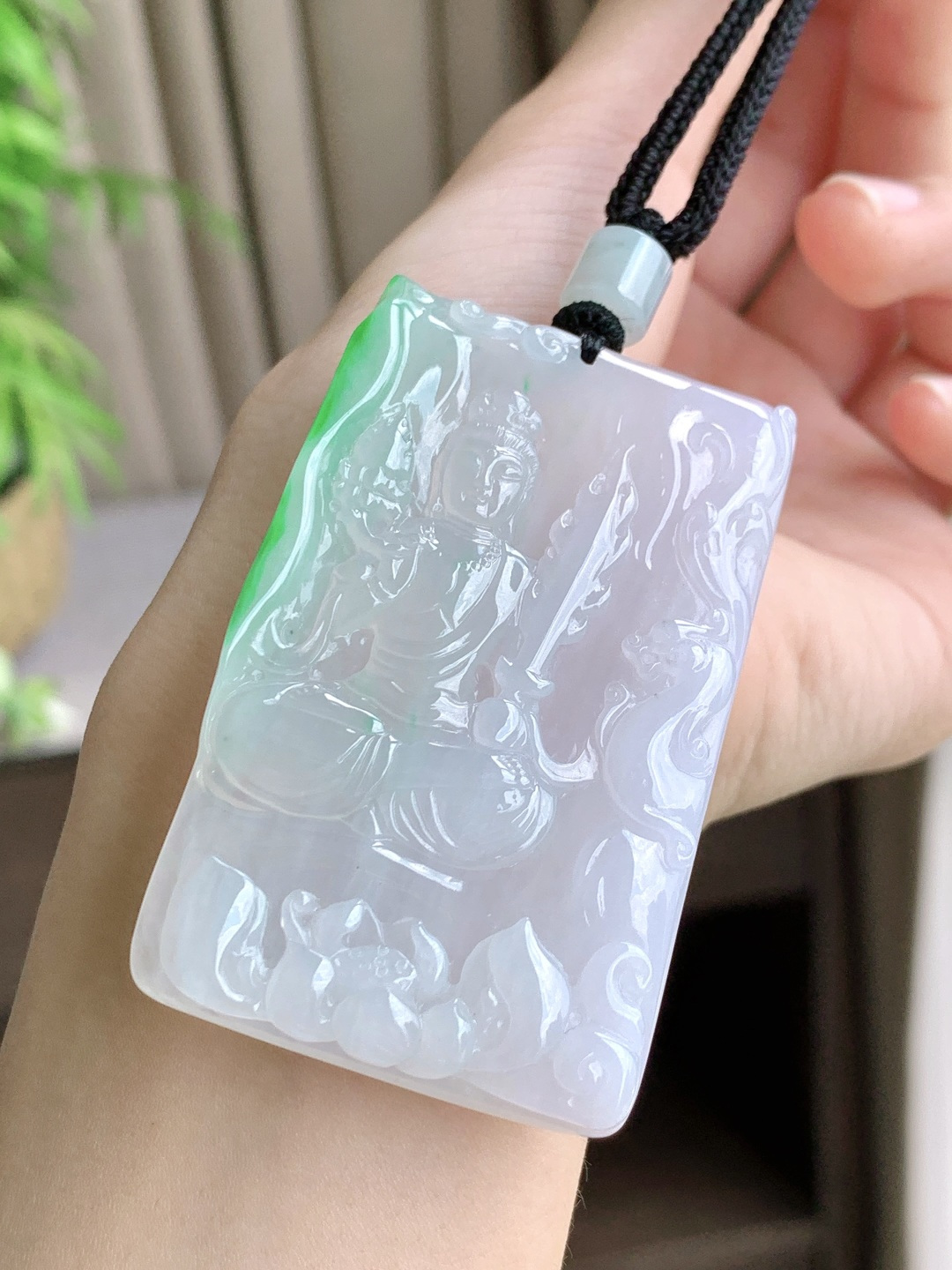 冰飘绿虚空藏菩萨牌吊坠,性比高,厚装,尺寸59.8-37.3-6.5,重量42.8克