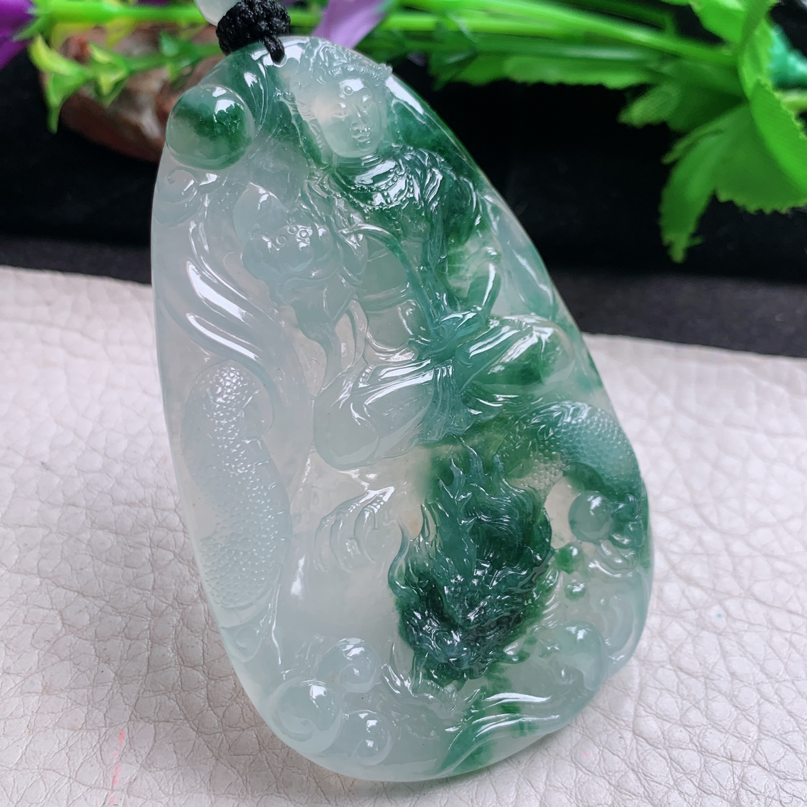Yl实拍76.7*48.8*7.5缅甸翡翠a货冰种大势至菩萨吊坠御龙观音