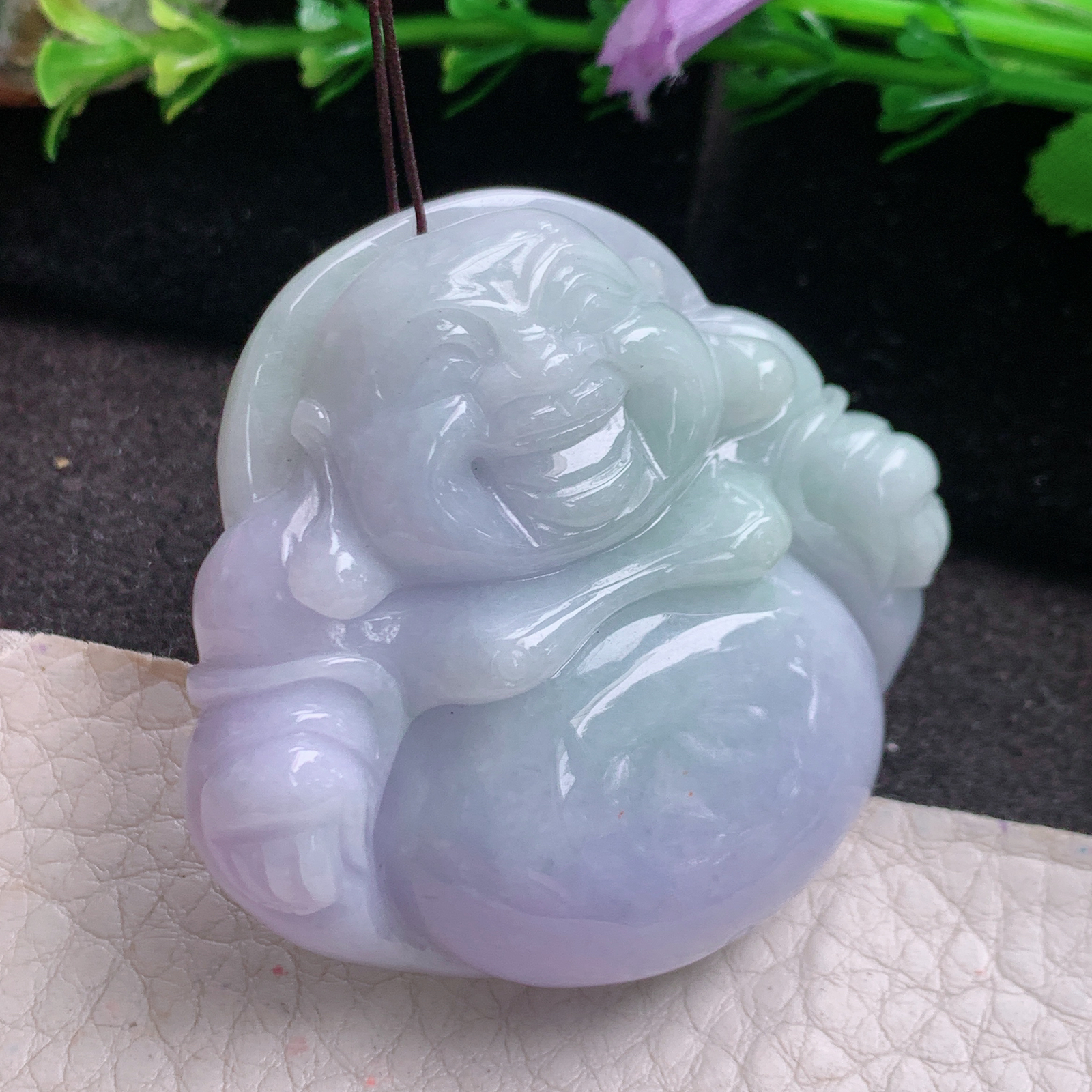 zen实拍41*41.8*12缅甸翡翠高品质春带彩大佛公 开心佛玉吊坠