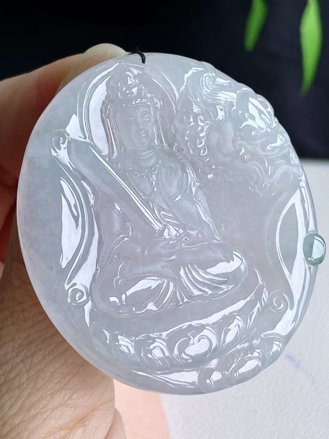 白冰飘花文殊菩萨牌吊坠,缅料,无裂,性比高,尺寸52.8-48-5.3,重量27.8克