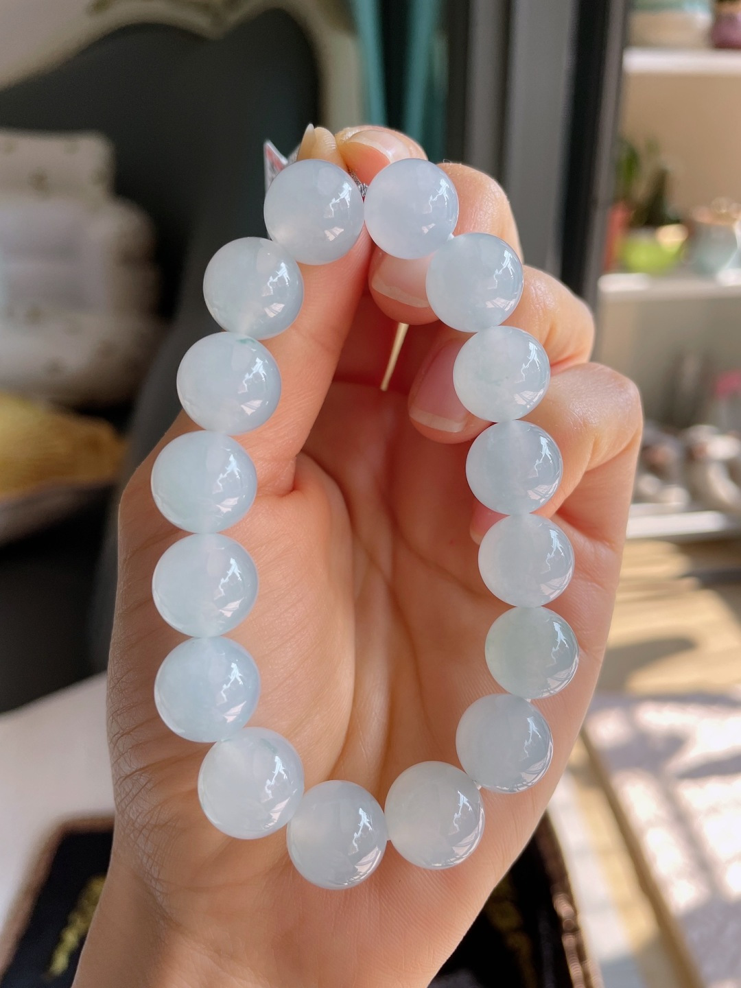 ️，缅甸天然翡翠A货，冰飘花手串，尺寸：12.2mm。-2471