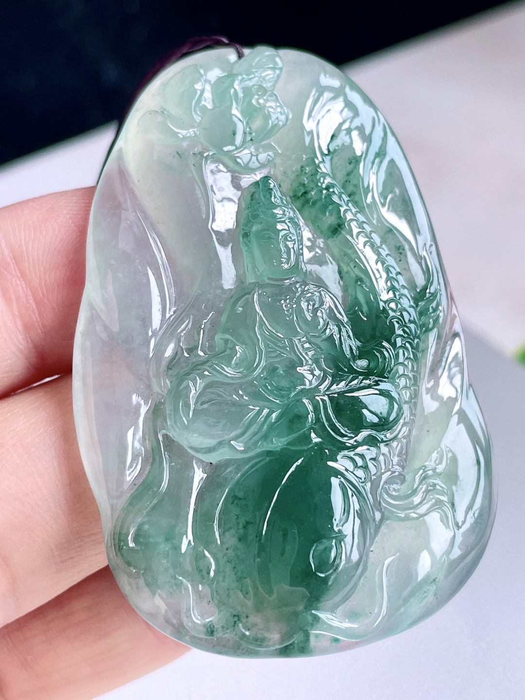 冰飘花御龙观音牌吊坠,说明,缅料,无裂,性比高,厚装,尺寸55.8-36.7-8.3,重量30克