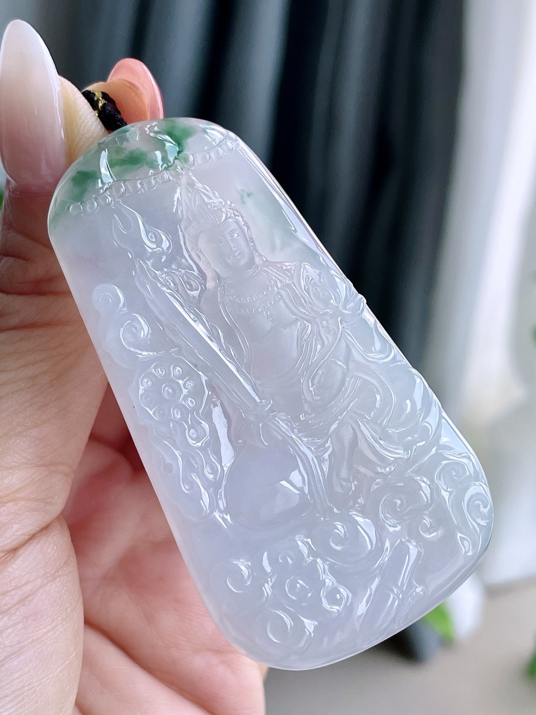 糯冰飘花虚空藏菩萨牌吊坠,缅料,无裂,性比高,尺寸67.7-37.4-5.2,重量30克