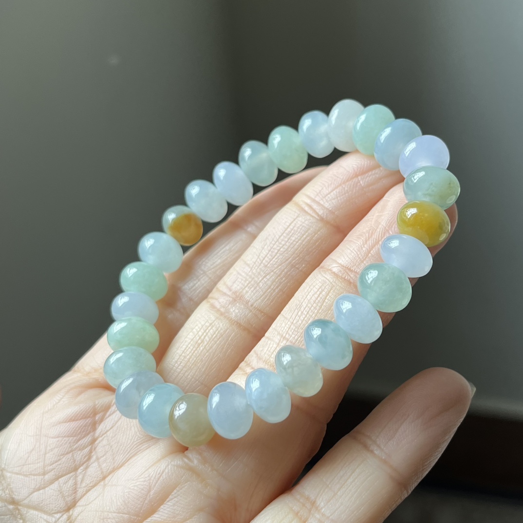 1号，冰种三彩鼓珠，算盘珠手链，种水好，冰透，尺寸9.1×7.3