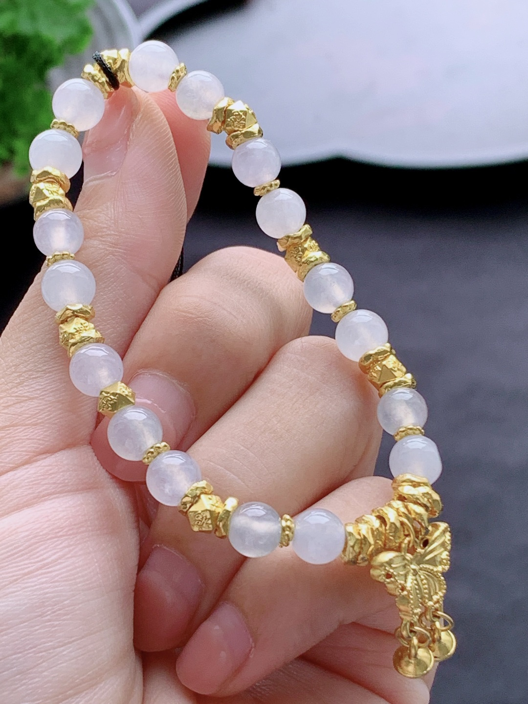 白冰盘缠手串圆珠珠子手串,足金镶嵌,蝴蝶结,6.6mm,10.5克