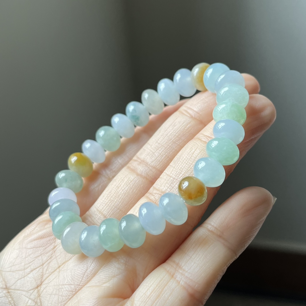 1号，冰种三彩鼓珠，算盘珠手链，种水好，冰透，尺寸9.1×7.3