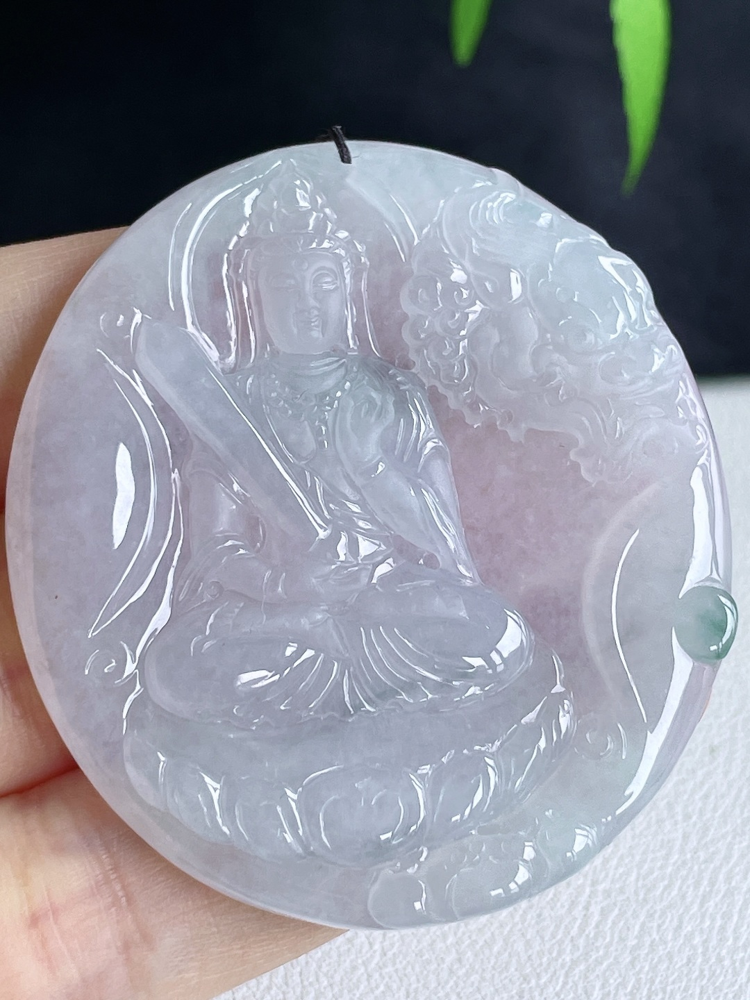 白冰飘花文殊菩萨牌吊坠,缅料,无裂,性比高,尺寸52.8-48-5.3,重量27.8克