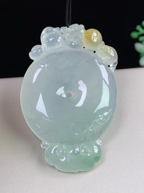 18k金镶黄+绿冰飘双彩平安扣，无裂，尺寸49.6-32.4-6.3mm，D28jxg