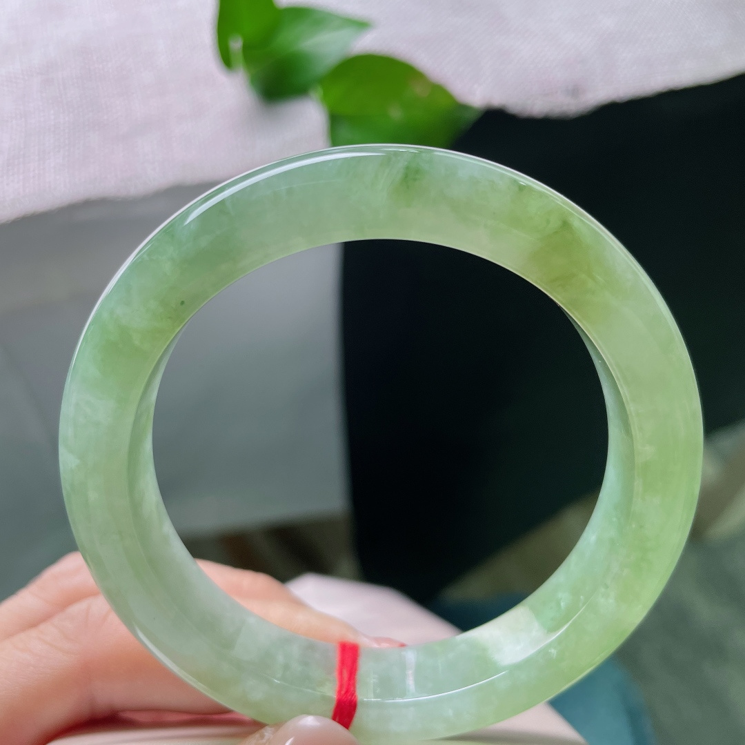 浅绿色正圈，晶体感，嫩翠新芽铺满玉镯，满是春日破土新生的清鲜灵气。ss54984a。