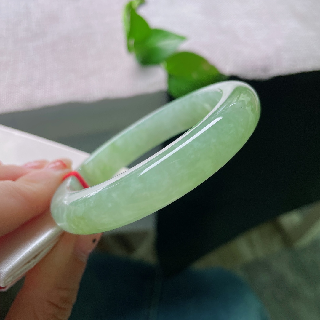 浅绿色正圈，晶体感，嫩翠新芽铺满玉镯，满是春日破土新生的清鲜灵气。ss54984a。