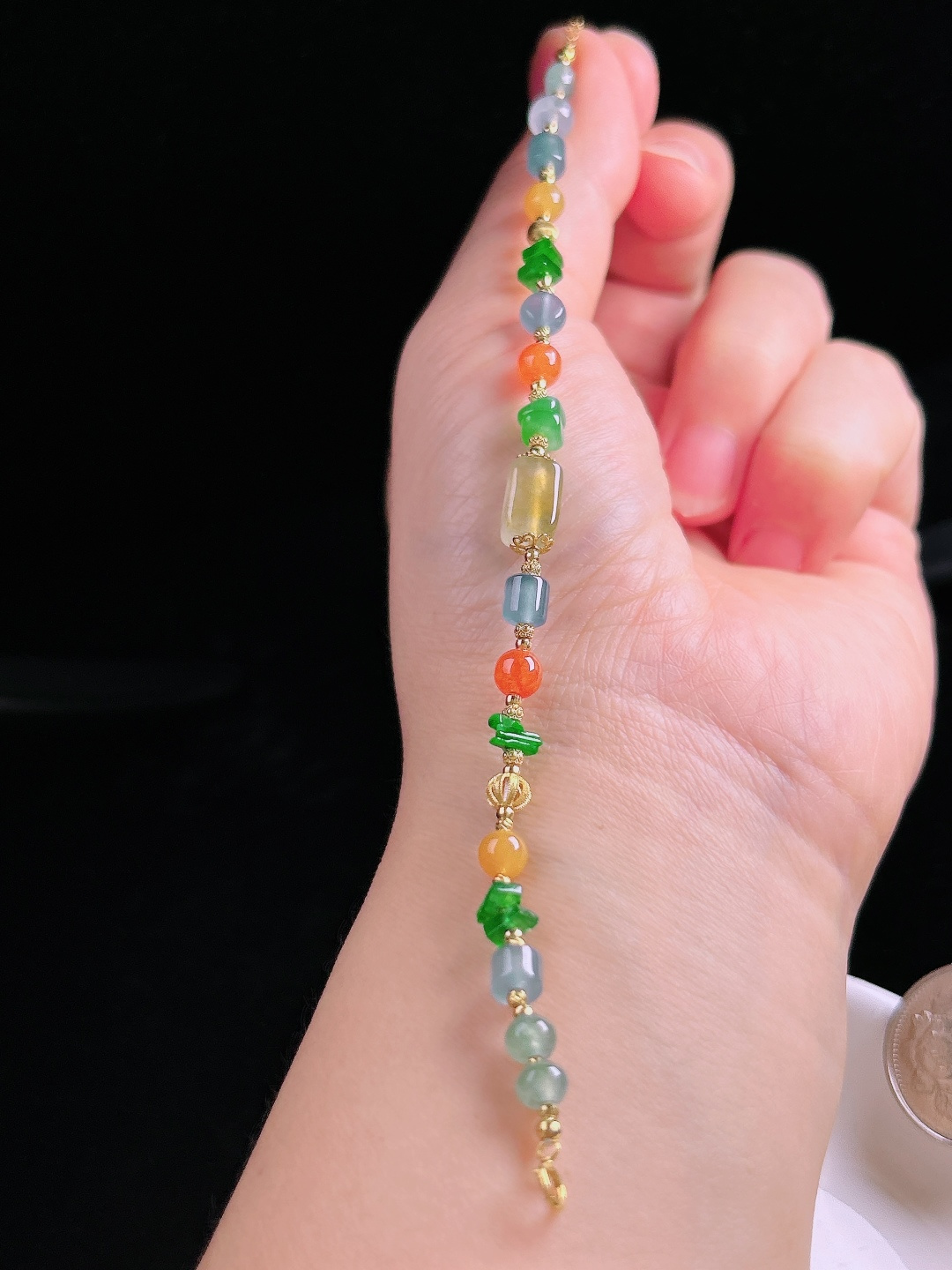 多彩手链，18k镶嵌，老种起光，细底通透，尺寸：5.7mm0828