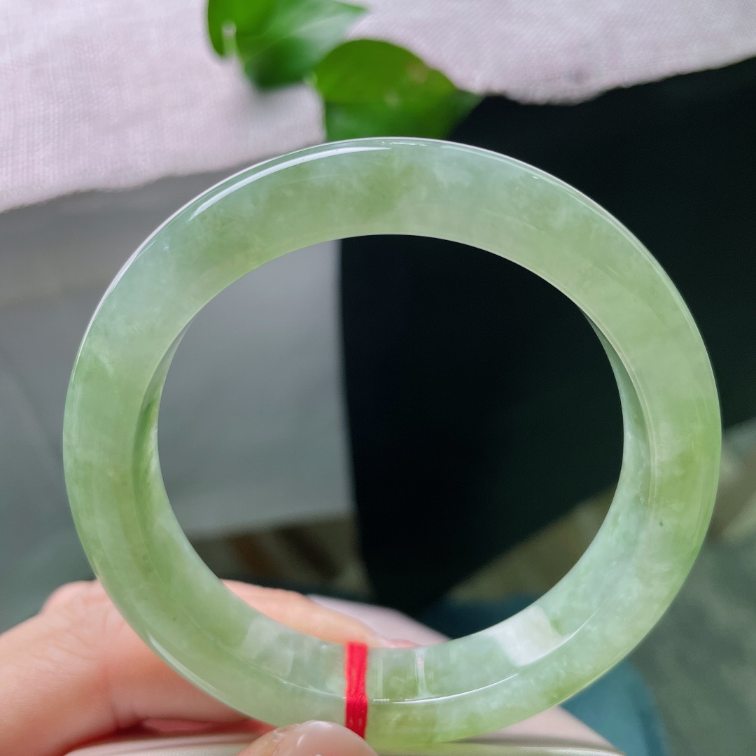 浅绿色正圈，晶体感，嫩翠新芽铺满玉镯，满是春日破土新生的清鲜灵气。ss54984a。
