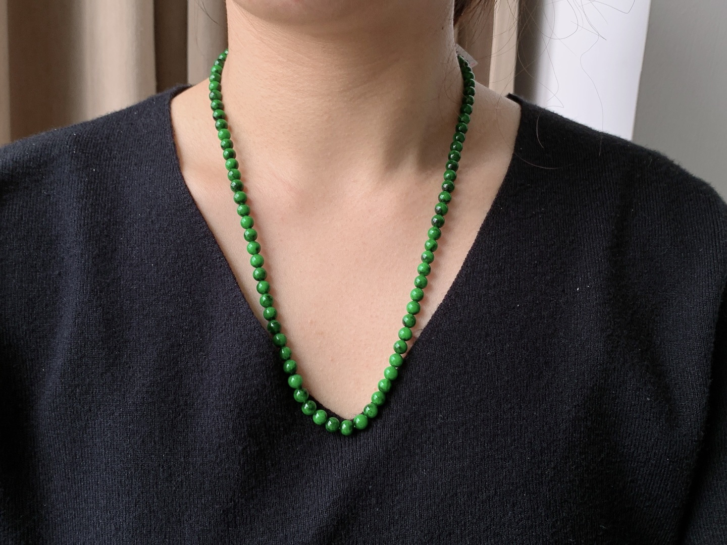珠子冰辣绿珠链飘花圆珠子珠链,性比高 辣阳绿,尺寸6.1-5.3mm，27cm,重量33.3克