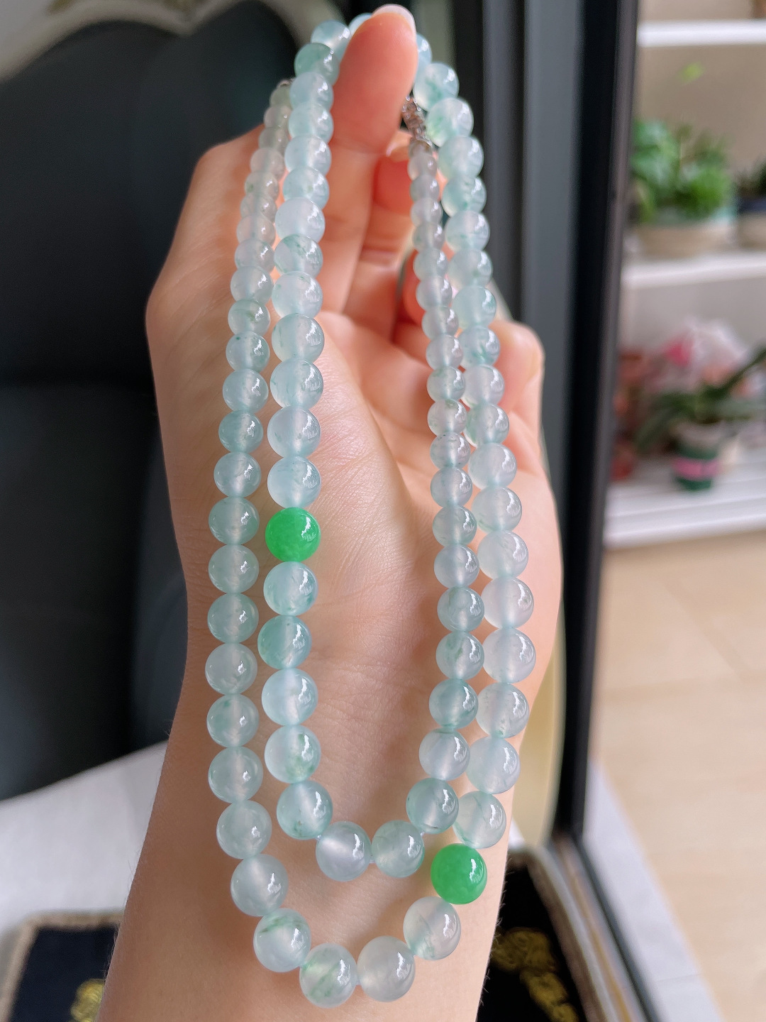 缅甸天然翡翠A货，冰种飘花项链，尺寸：7mm87颗。【编4251】