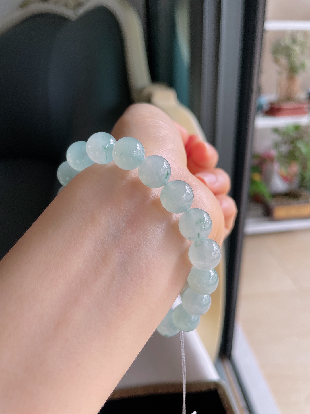 缅甸天然翡翠A货，冰飘花手链，尺寸：10.5mm。【编4066】