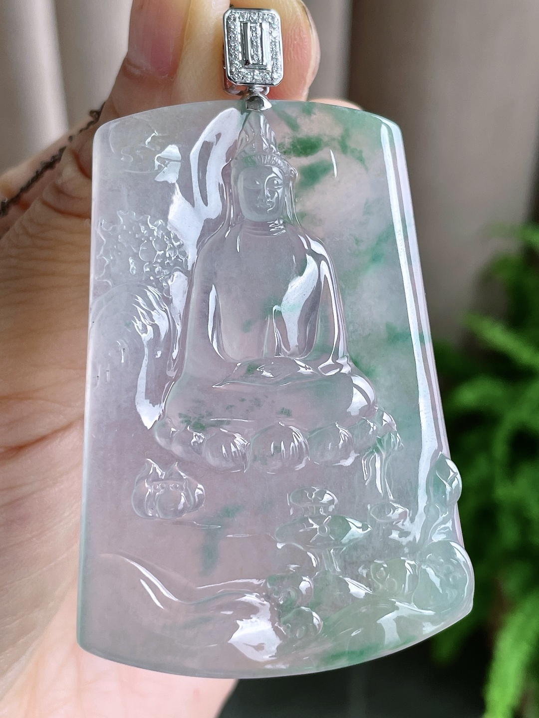 高冰飘花山水观音牌净瓶观音牌吊坠,18k金镶嵌,无裂,性比高