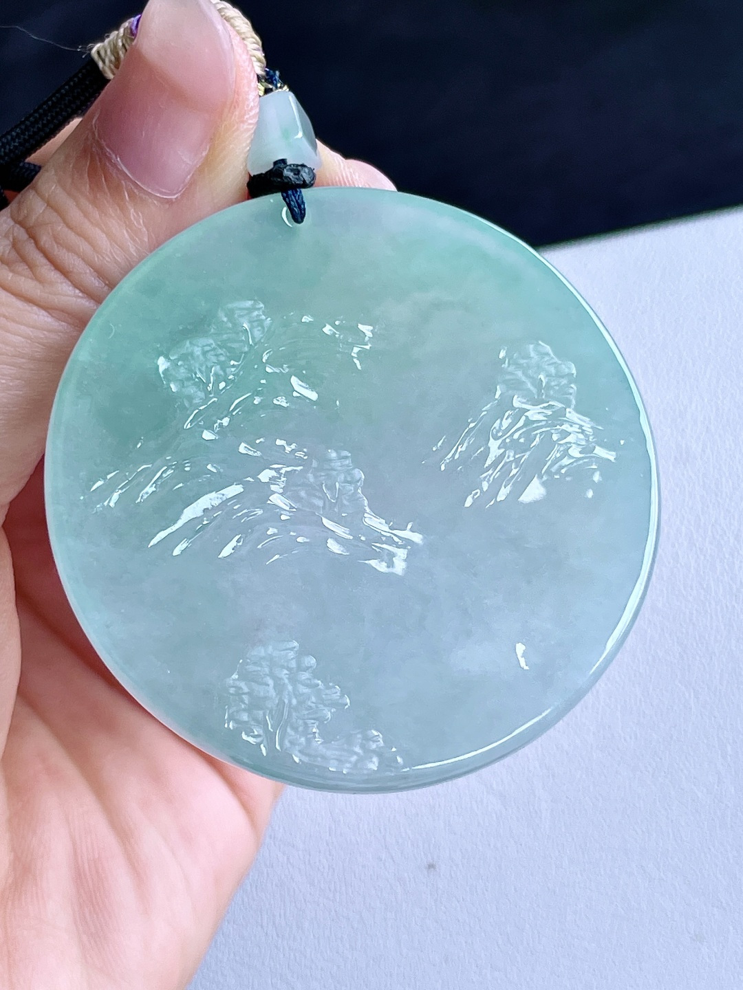 冰晴水圆牌山水牌大山水牌吊坠,缅料,无裂,性比高,尺寸53.5-5,重量39.5克