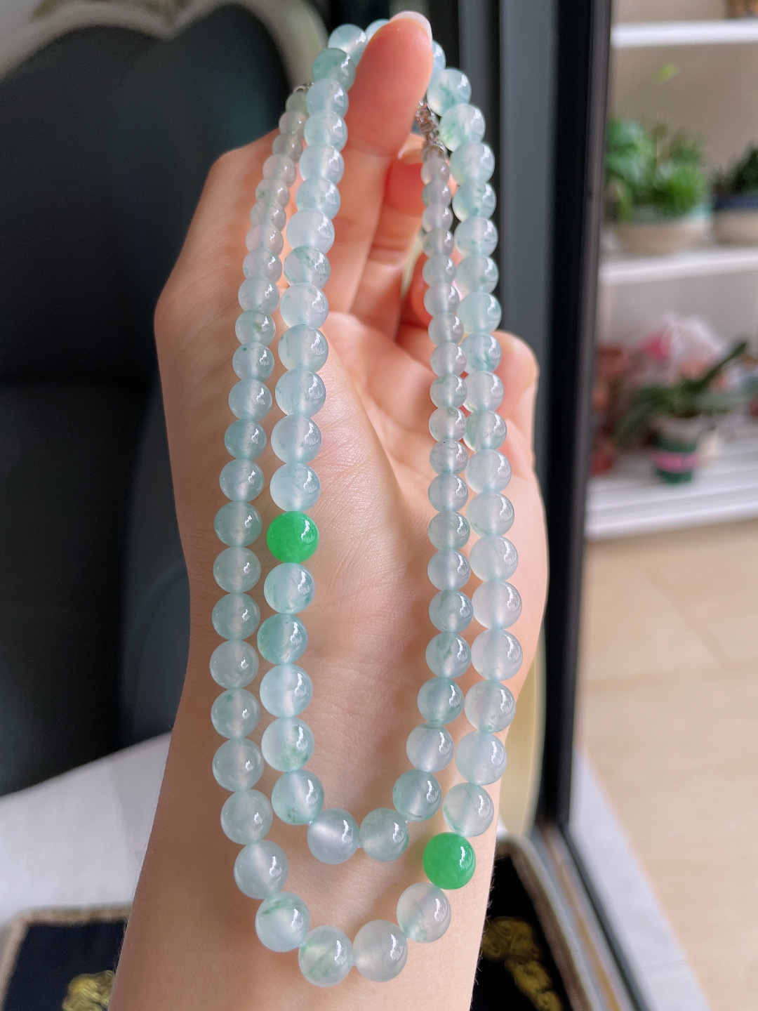 缅甸天然翡翠A货，冰种飘花项链，尺寸：7mm87颗。【编4251】