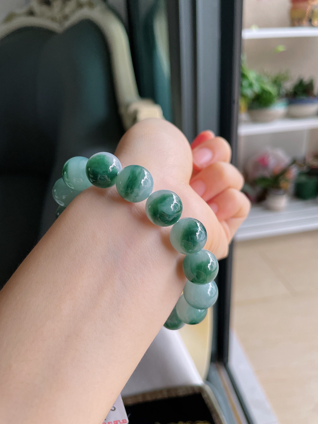 缅甸天然翡翠A货，冰飘花手链，尺寸：12.5mm。【编3822】