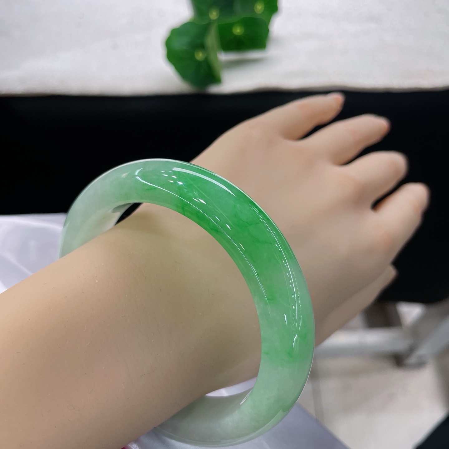 翡翠手镯 圈口59.6/14.8/10.1，白底正阳绿正圈，69/60可戴，半圈阳绿，腕间一整个春天，无裂