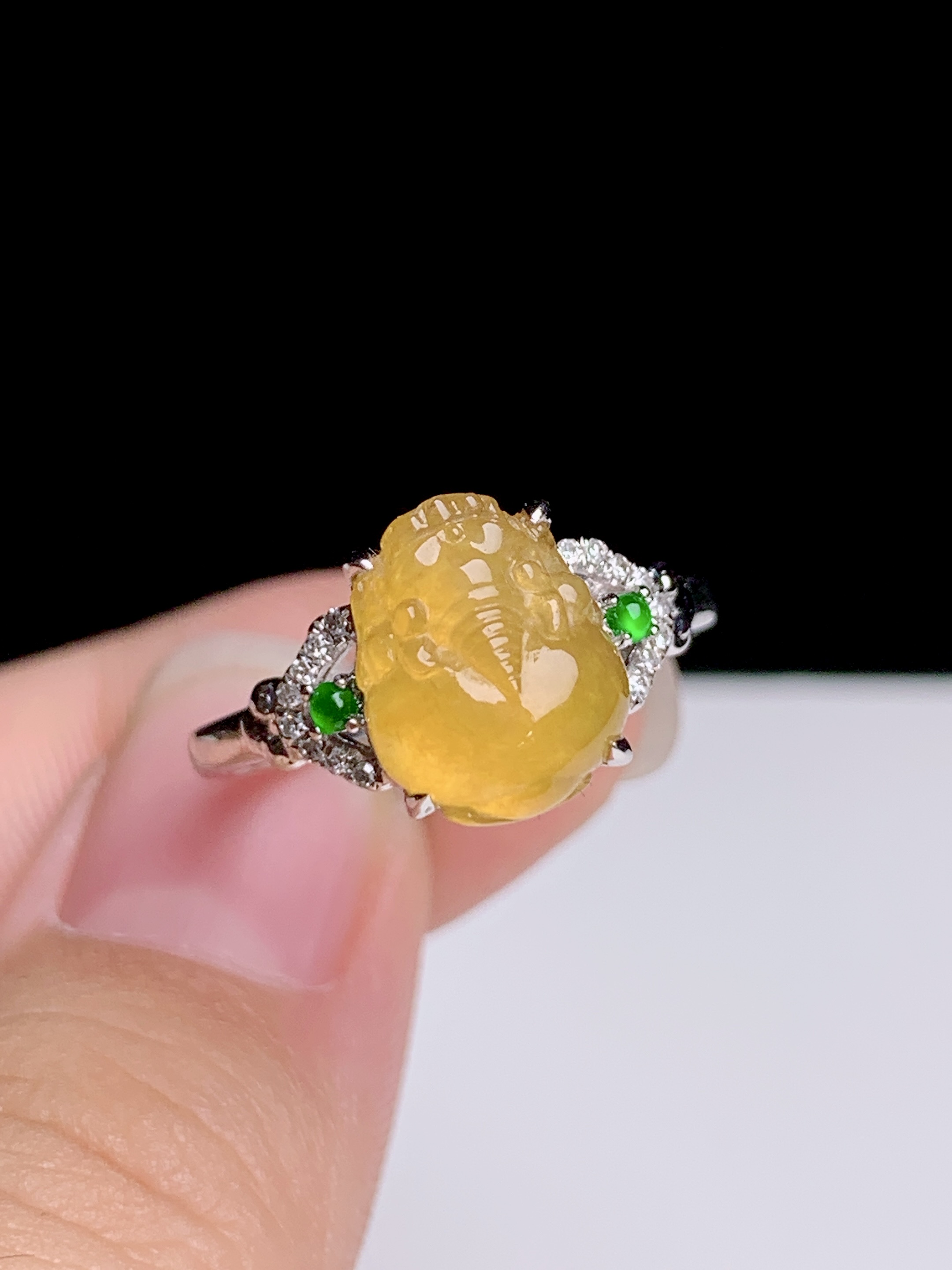 冰黄翡金蟾戒指，18k金钻镶嵌，10.2-7.5