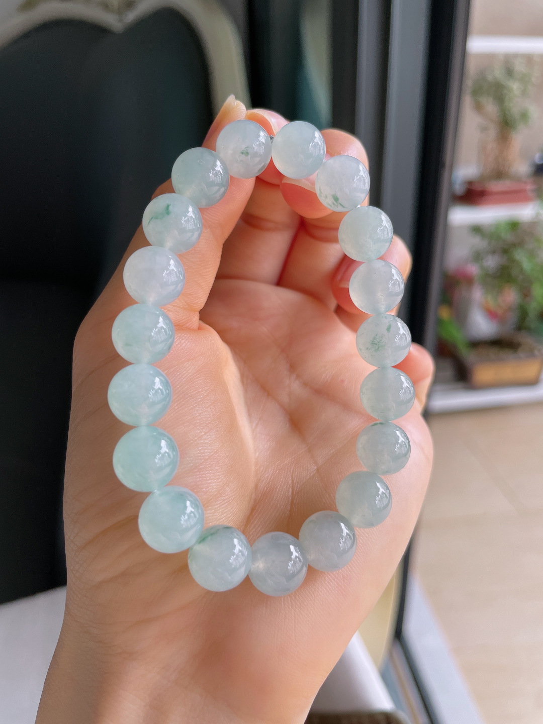 缅甸天然翡翠A货，冰飘花手链，尺寸：10.5mm。【编4066】