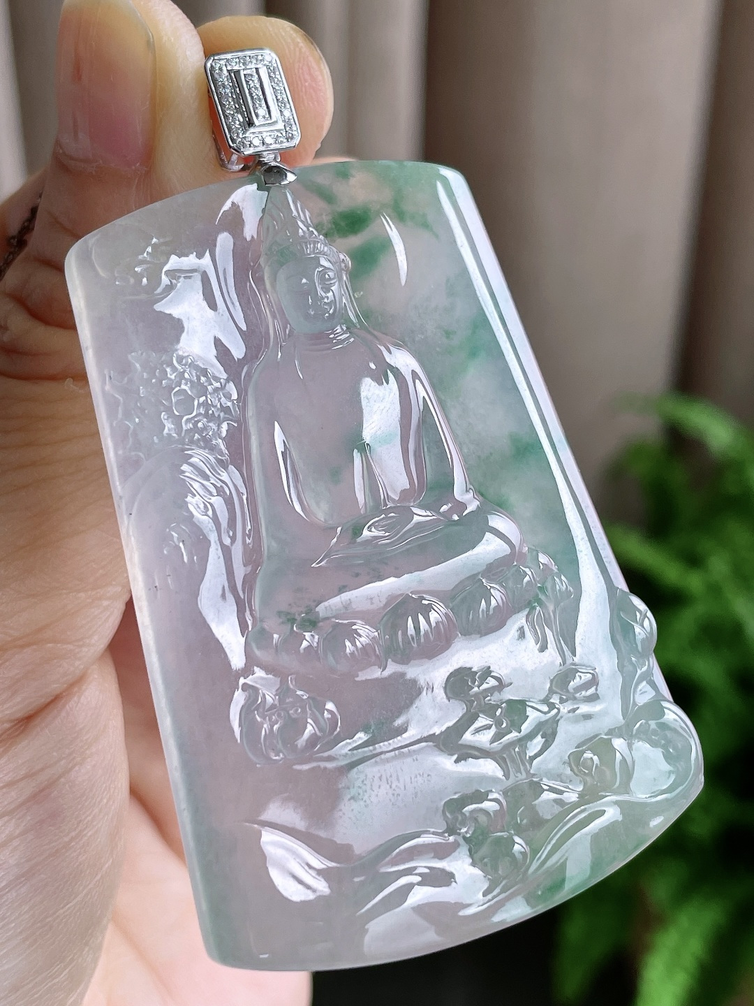 高冰飘花山水观音牌净瓶观音牌吊坠,18k金镶嵌,无裂,性比高