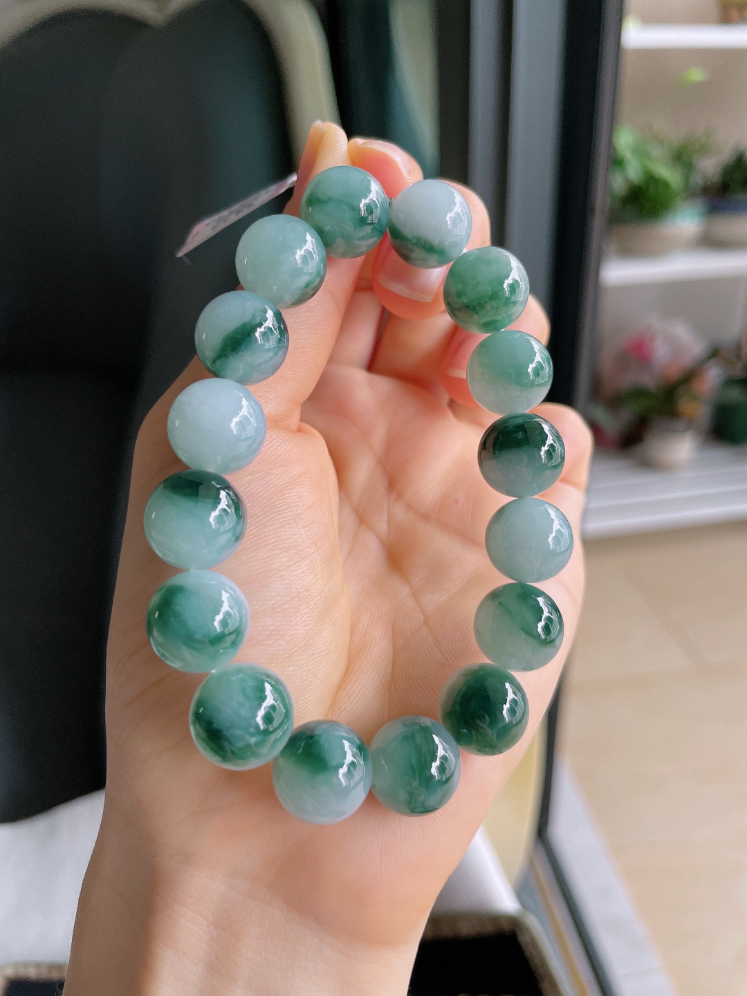 缅甸天然翡翠A货，冰飘花手链，尺寸：12.5mm。【编3822】