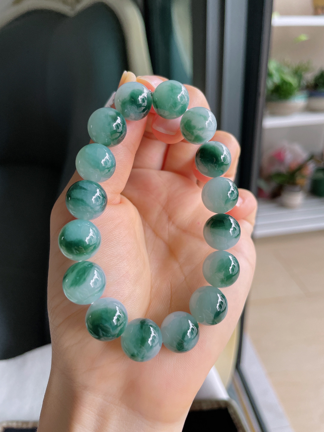 缅甸天然翡翠A货，冰飘花手链，尺寸：12.5mm。【编3822】