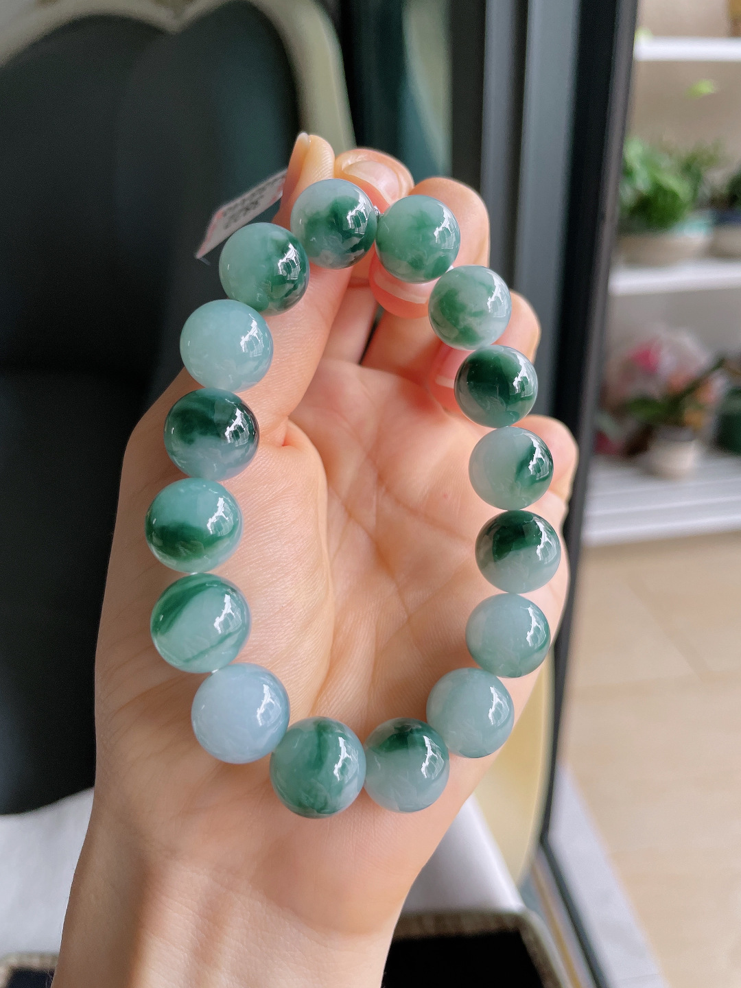 缅甸天然翡翠A货，冰飘花手链，尺寸：12.5mm。【编3822】