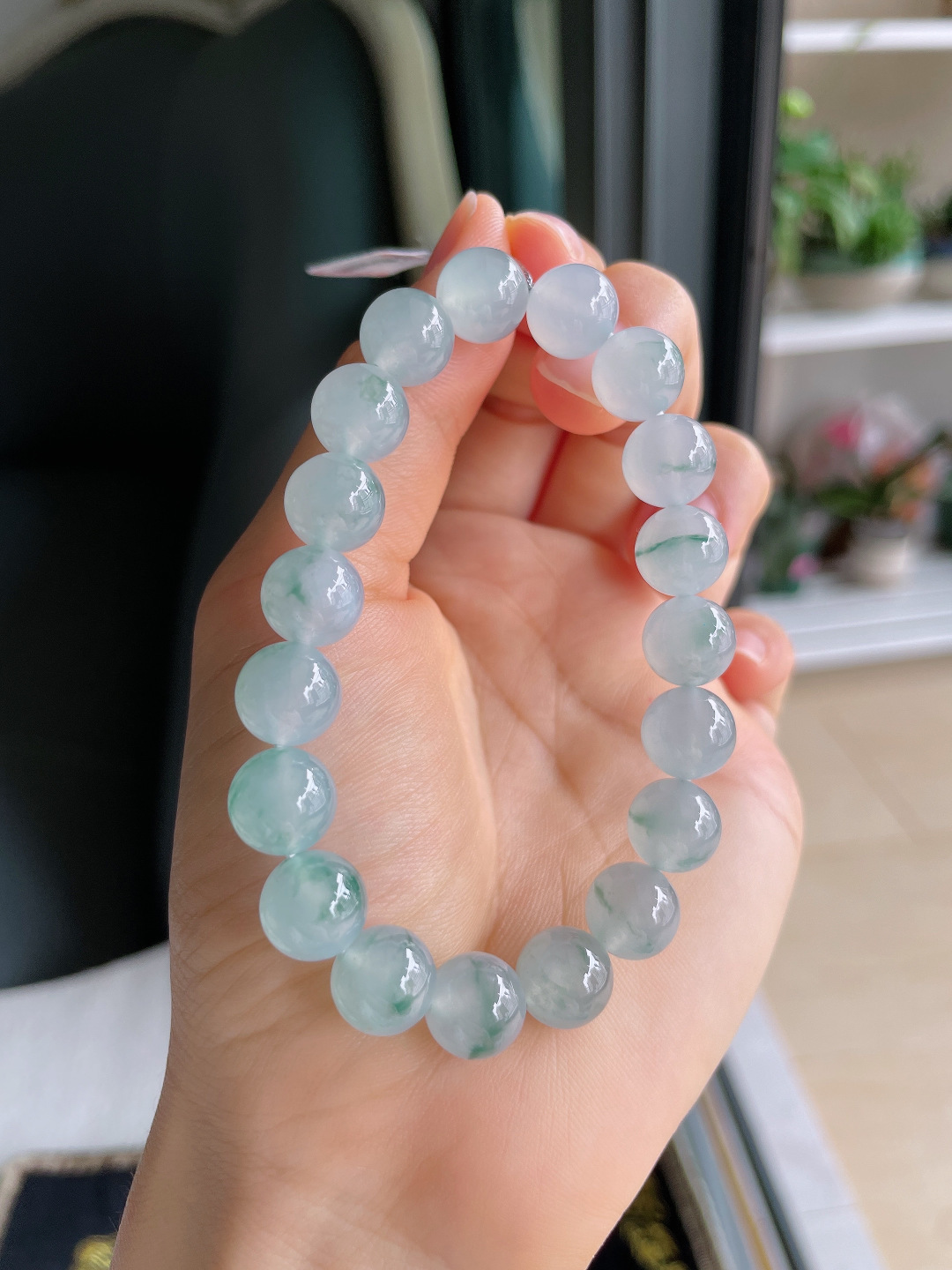 ️，缅甸天然翡翠A货，冰飘花手串，尺寸：10mm。【编4365】