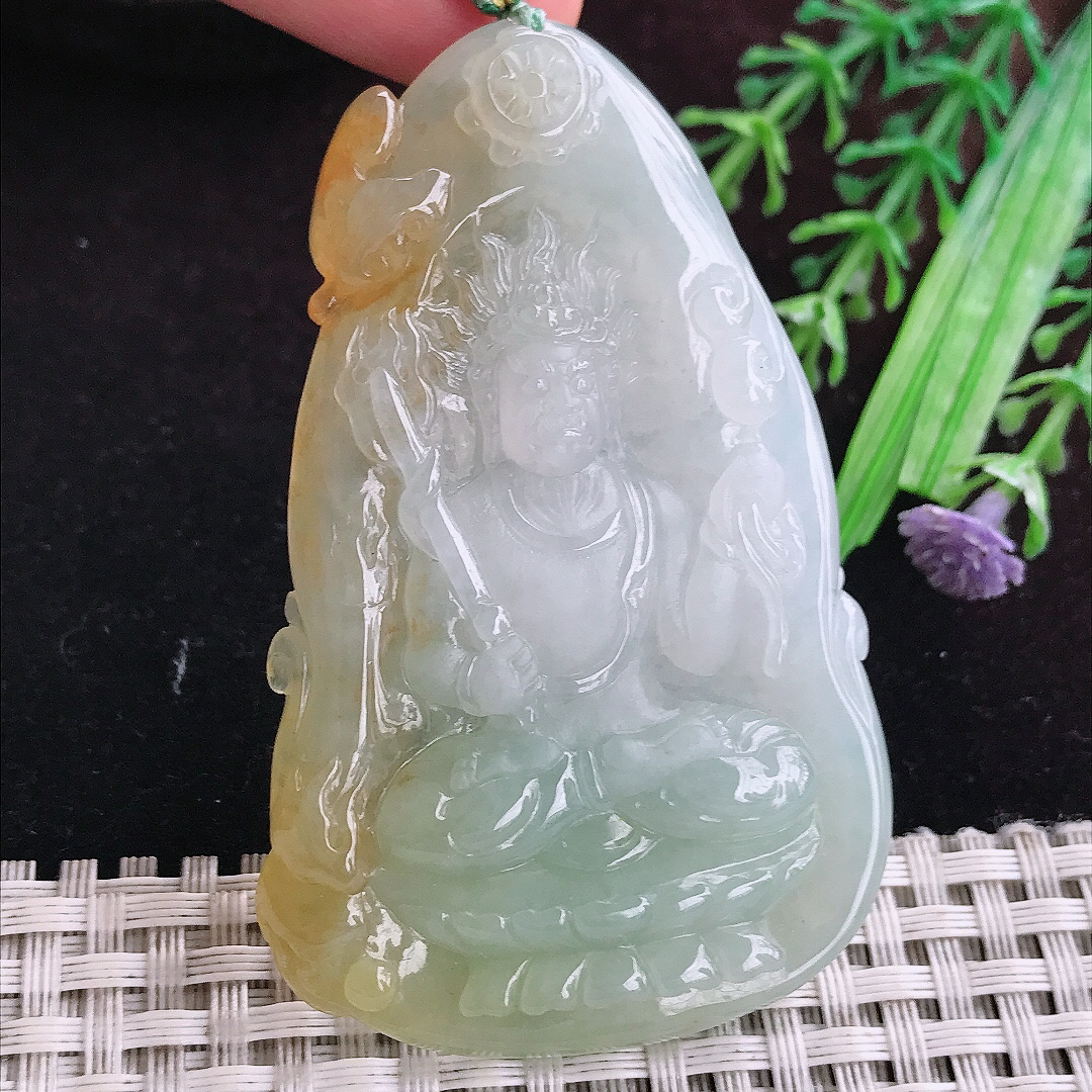 实拍A货翡翠67.8/43/7.8老坑冰胶双彩不动明王吊坠翡翠玉坠