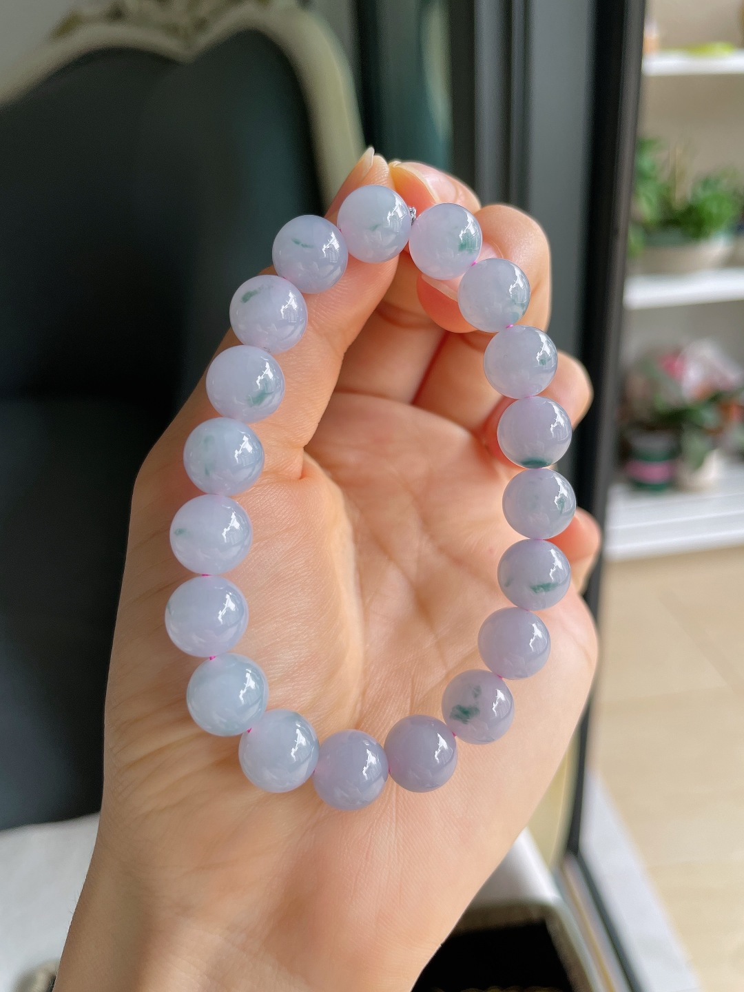 ️，缅甸天然翡翠A货，冰飘花手串，尺寸：9.8mm。【编4589】