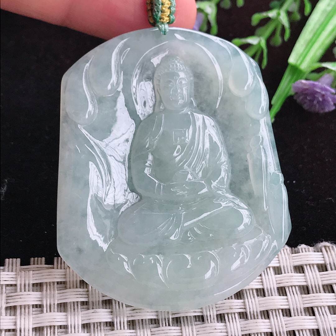 实拍A货翡翠51/43.8/4.8老坑冰润起胶大日如来佛祖吊坠翡翠玉坠