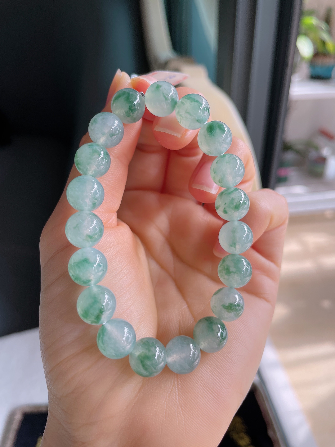 ️，缅甸天然翡翠A货，冰飘花手串，尺寸：10mm。【编3720】