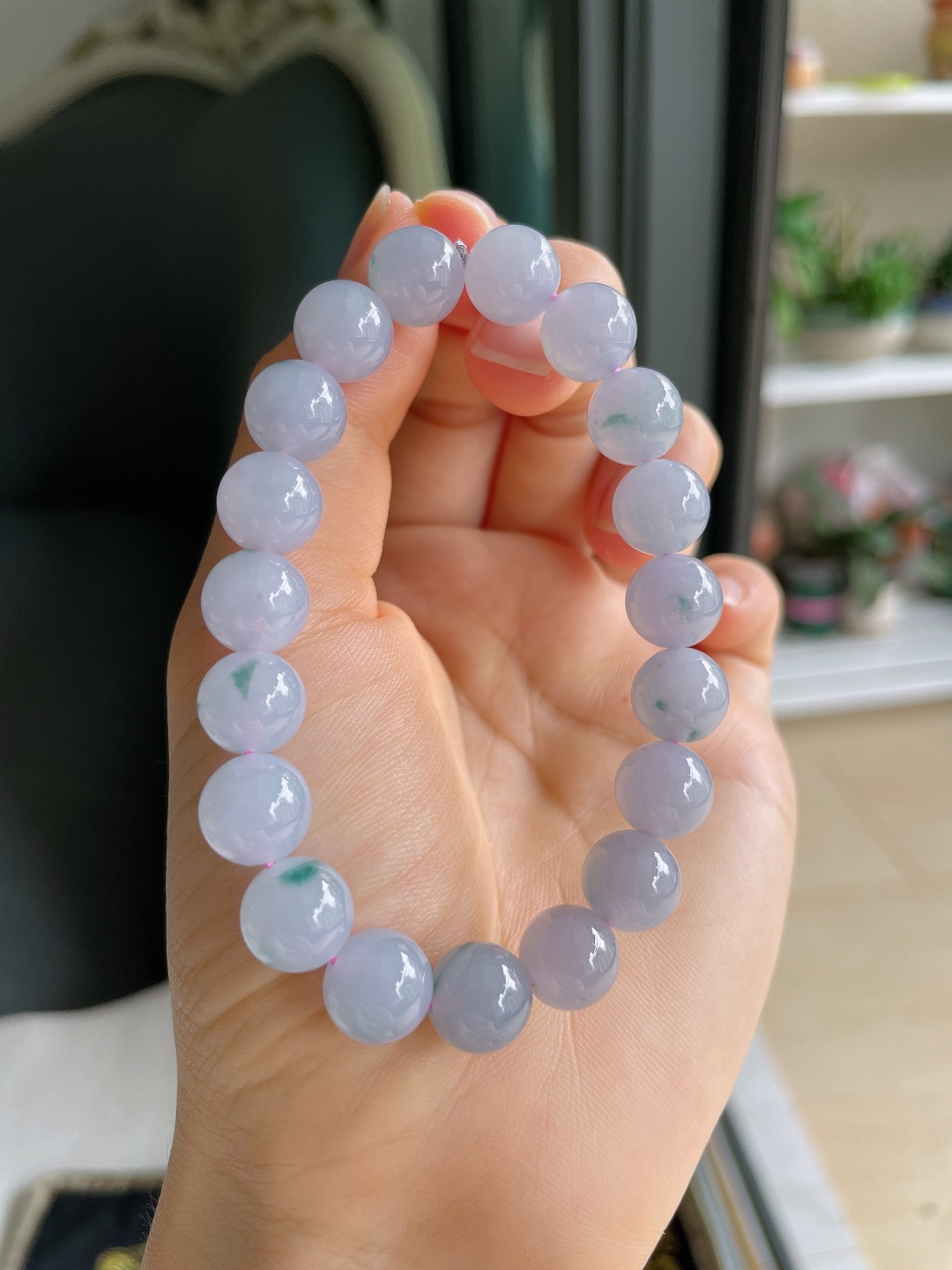 ️，缅甸天然翡翠A货，冰飘花手串，尺寸：9.8mm。【编4588】