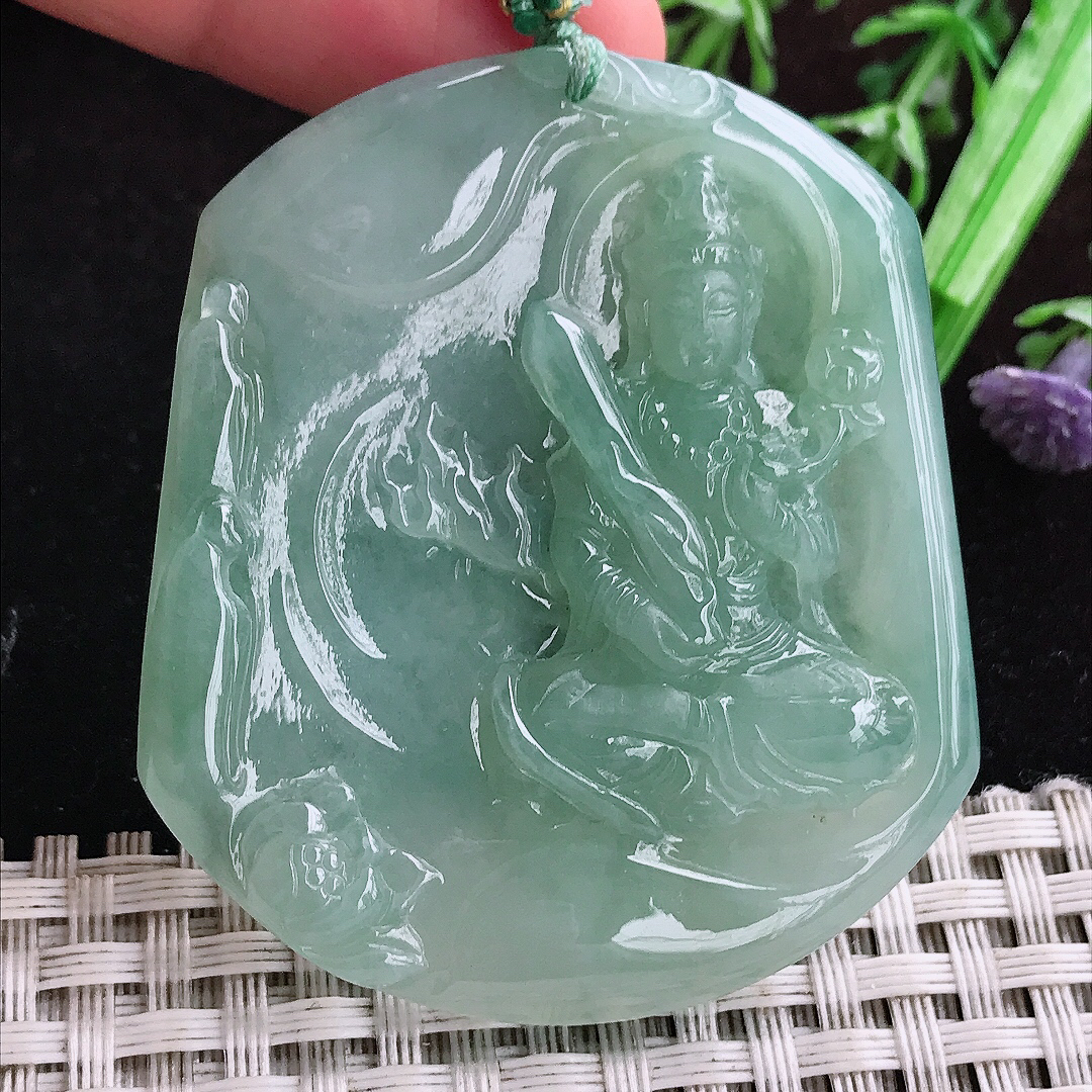 实拍A货翡翠53.2/46.5/5.8老坑冰润起胶晴底虚空藏菩萨吊坠翡翠玉坠