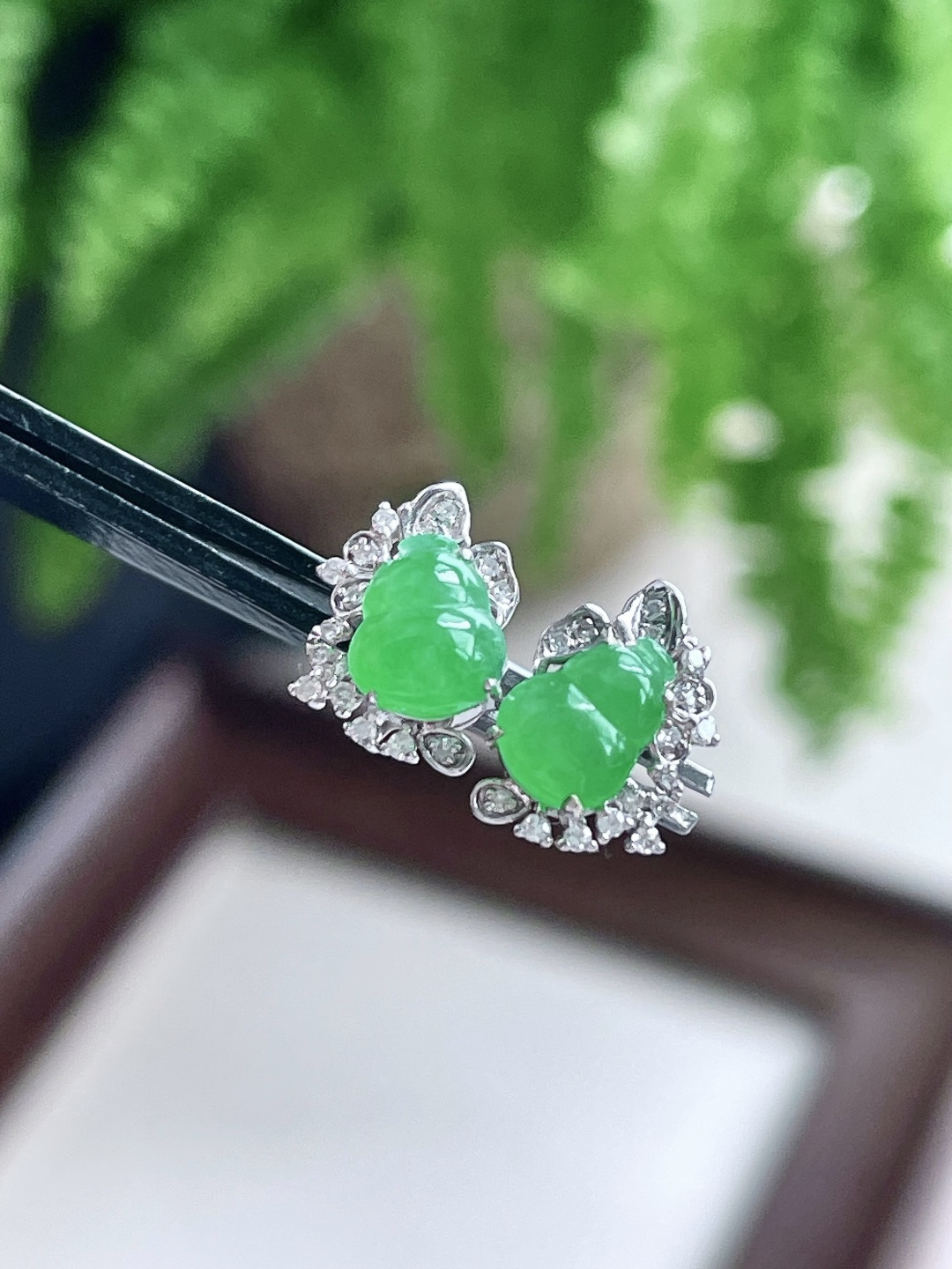 冰阳绿葫芦耳钉，18k金镶嵌，无裂，性比高10.6-7.6-5.8，裸石6.2-5.4-3.2，重量1.7克