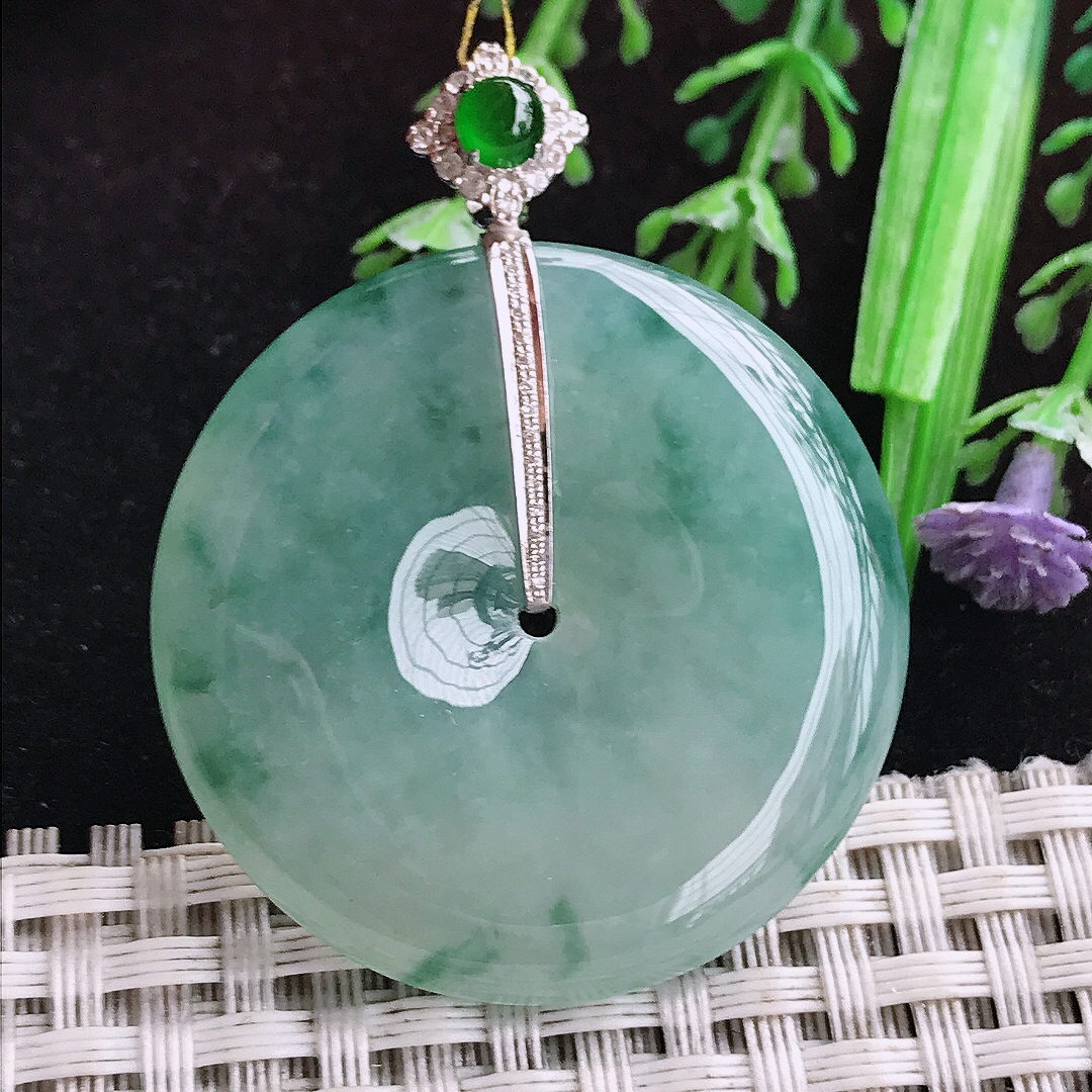实拍A货翡翠37/6.2老坑18k金镶嵌冰胶飘花大平安扣吊坠翡翠玉坠