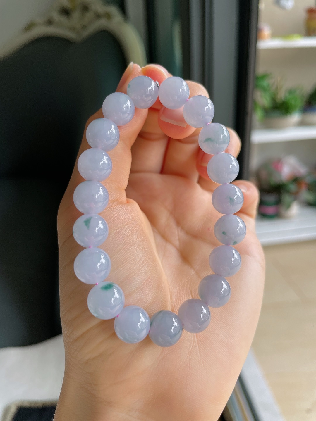 ️，缅甸天然翡翠A货，冰飘花手串，尺寸：9.8mm。【编4588】