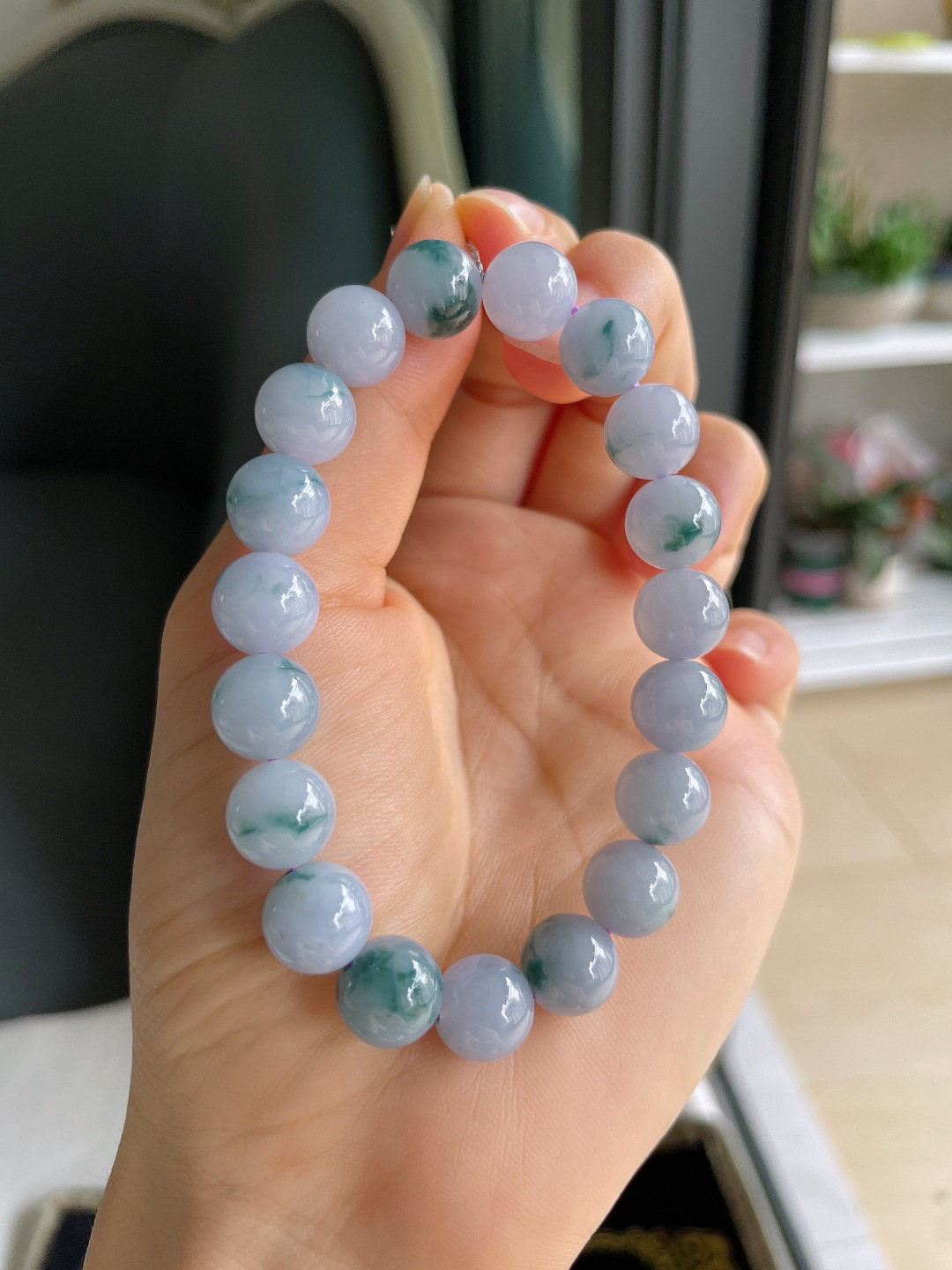 ️，缅甸天然翡翠A货，冰飘花手串，尺寸：9.8mm。【编4590】