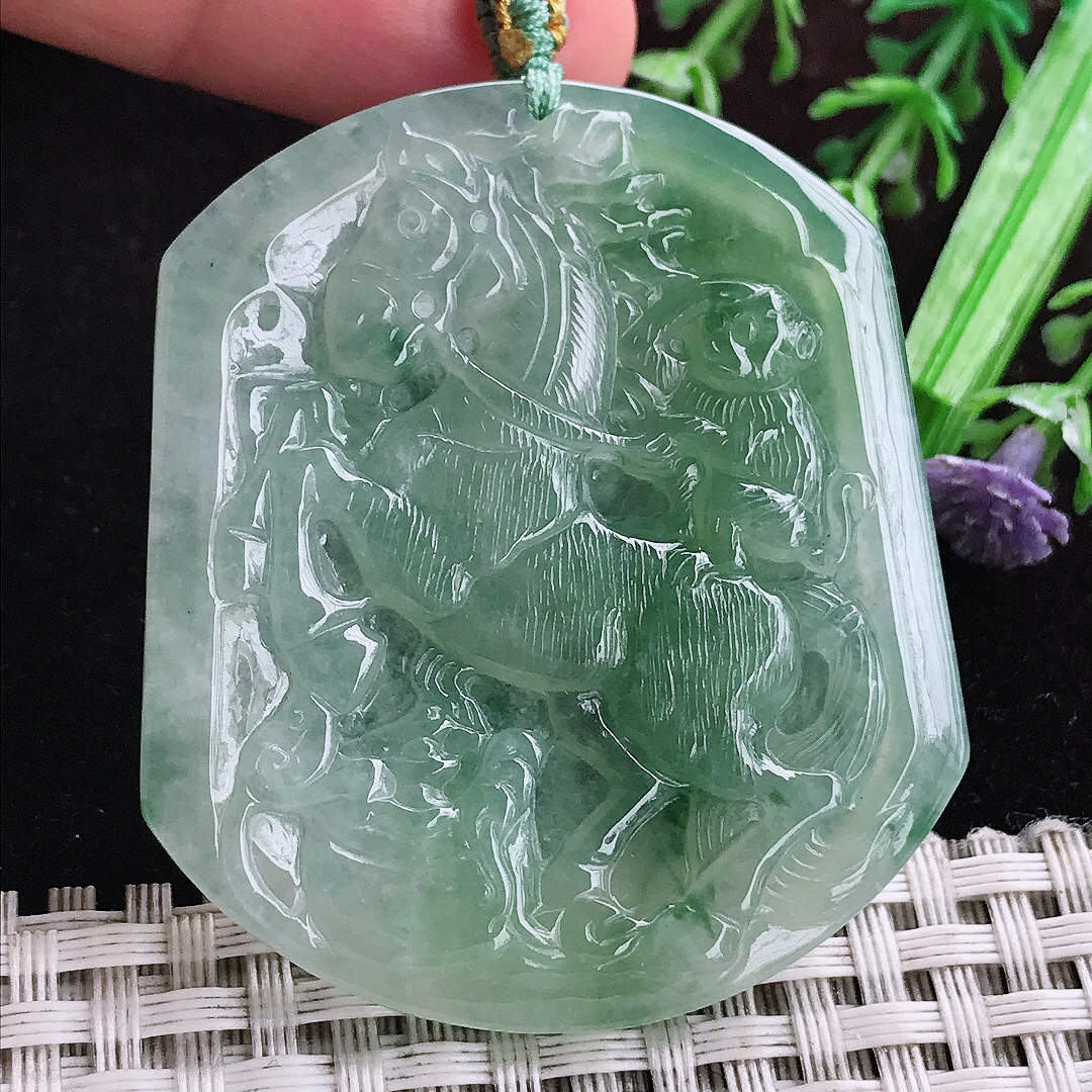 实拍A货翡翠51/44.5/4.6老坑冰透果冻胶冰晴马上封侯吊坠翡翠玉坠