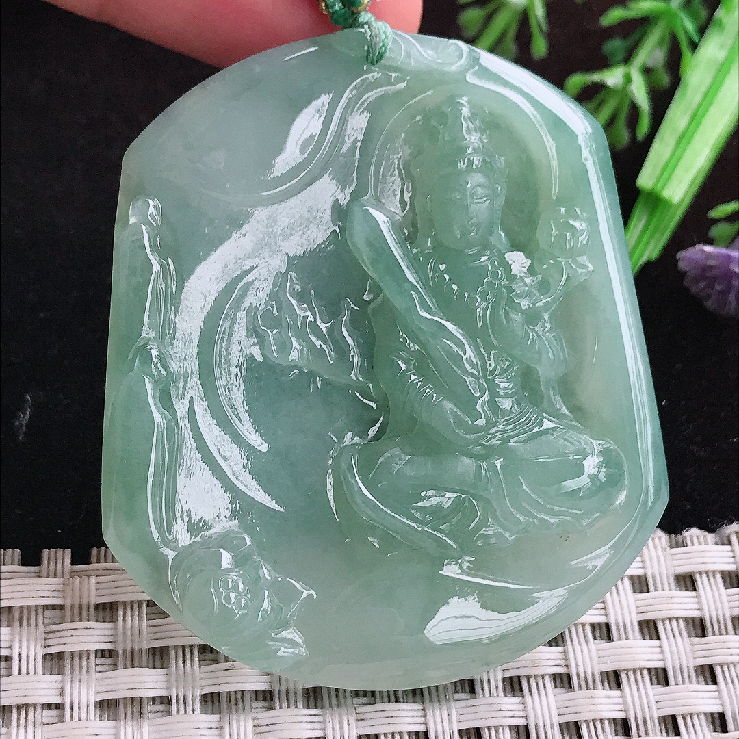 实拍A货翡翠53.2/46.5/5.8老坑冰润起胶晴底虚空藏菩萨吊坠翡翠玉坠