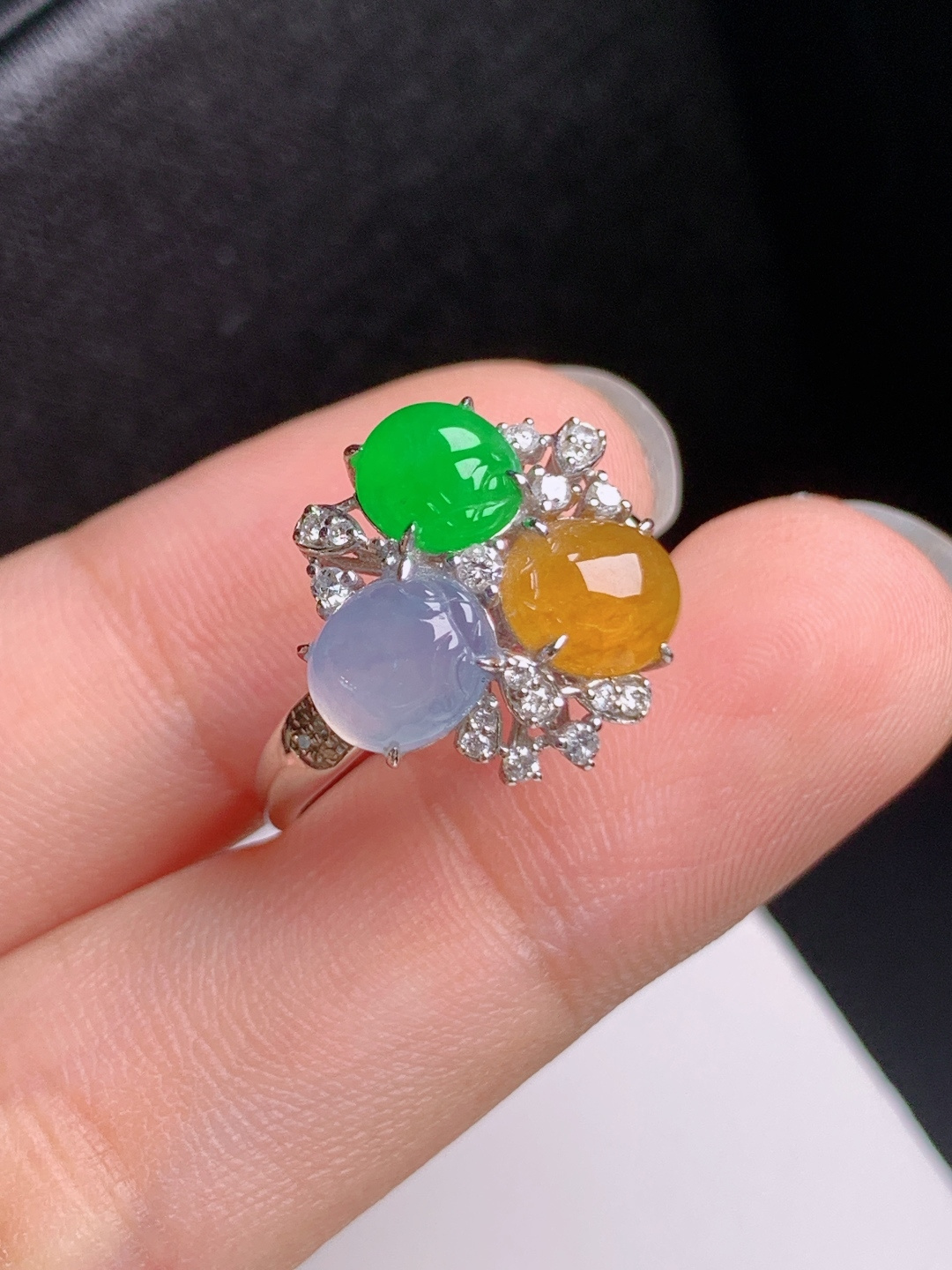 三彩金蟾戒指，三色出彩，冰透起光，富贵吉祥，裸石6.7-5.8-3.6，圈口14