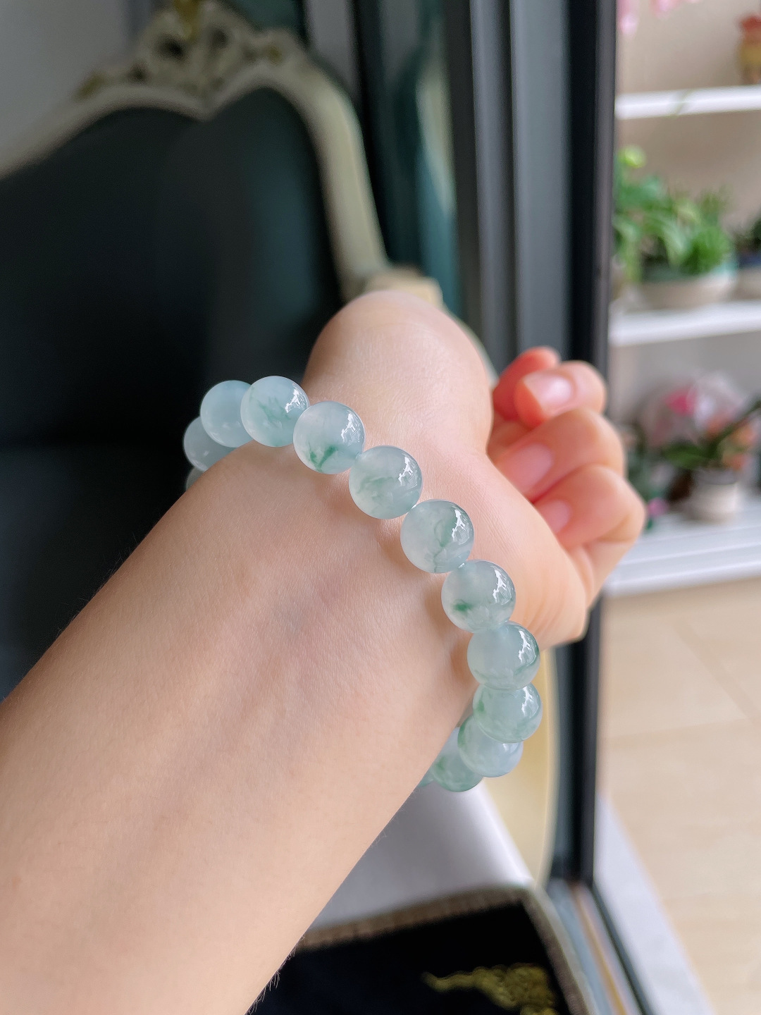 ️，缅甸天然翡翠A货，冰飘花手串，尺寸：10mm。【编4365】