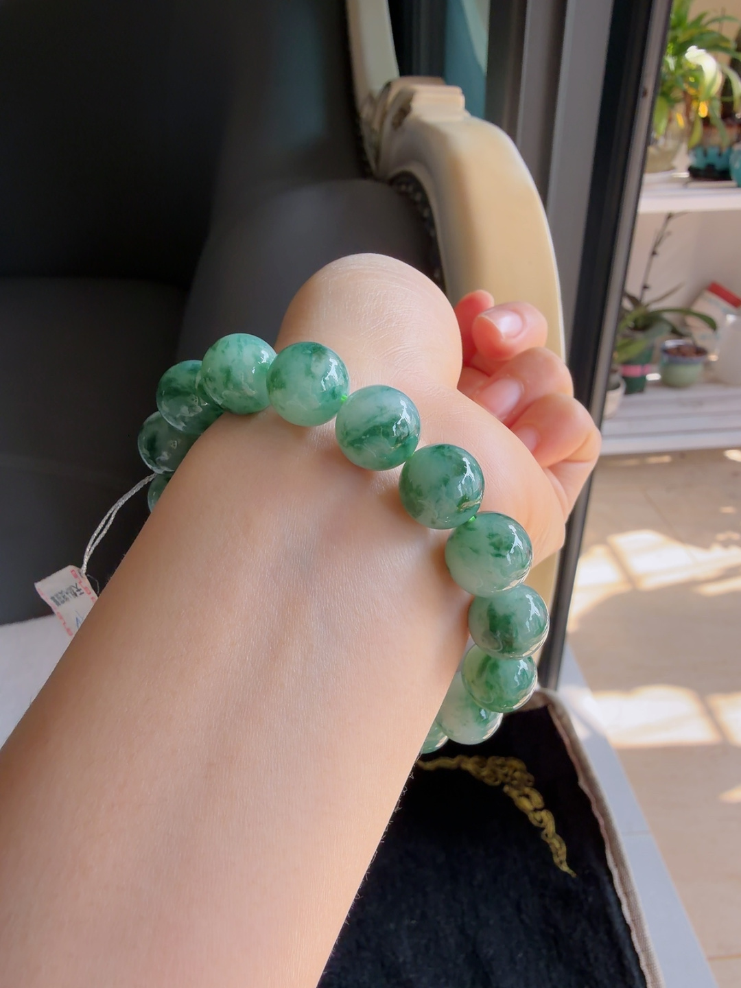 缅甸天然翡翠A货，冰飘花手链，尺寸：12mm。【编3586】
