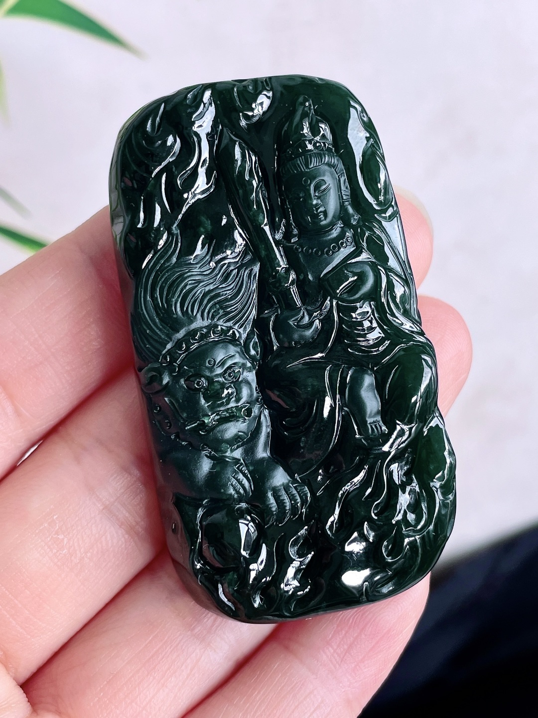 墨翠文殊菩萨牌吊坠,性比高