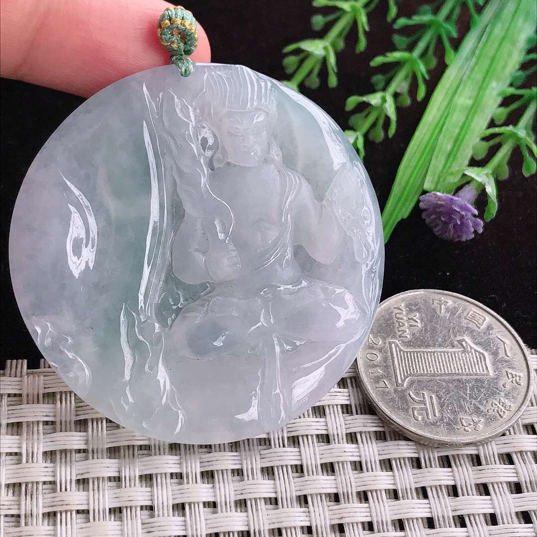 实拍A货翡翠50.8/5.2老坑冰透起胶白冰不动明王吊坠翡翠玉坠
